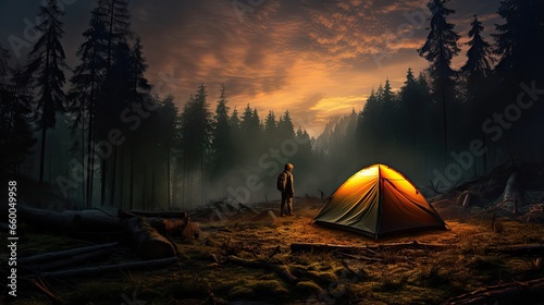 Forest dwelling man experiences tourism in a misty dawn with a solitary tent