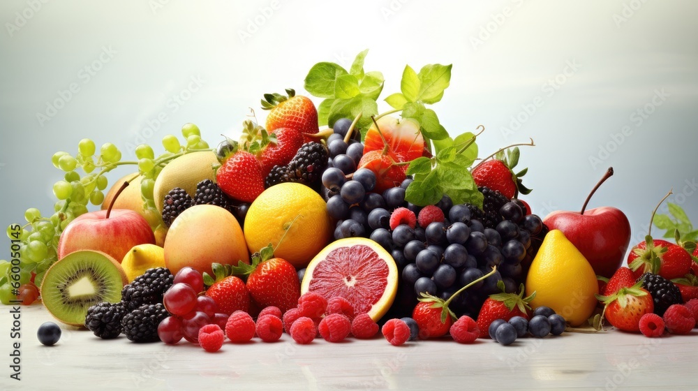 Fresh exotic fruits and berries on a bright background selection