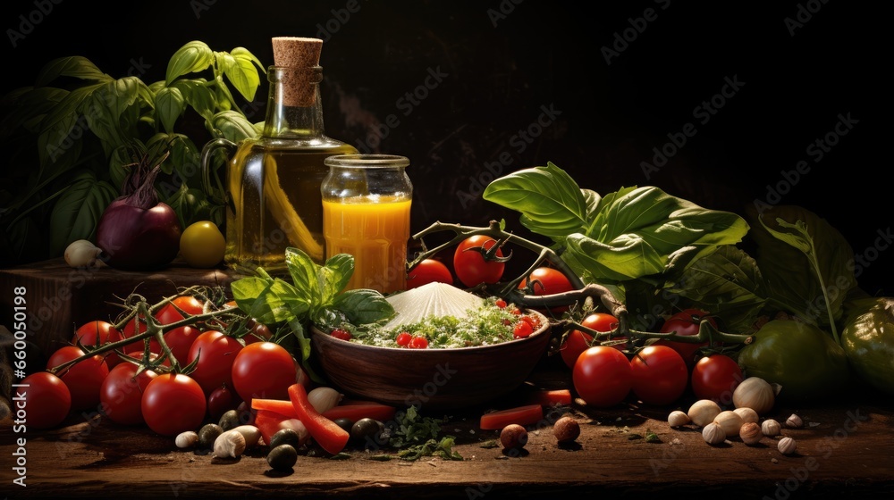 Italian cuisine vegetables olive oil herbs and pasta on a dark backdrop Italian cuisine vegetables olive oil herbs and pasta on a dark backdrop