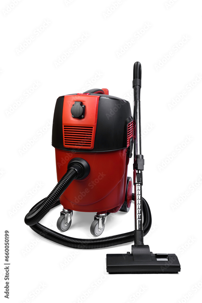 Fototapeta premium Red construction vacuum cleaner isolated on white background.