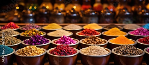 Vibrant spices at Dubai s Grand Souq With copyspace for text