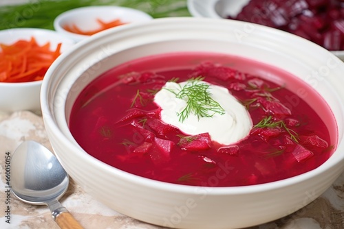 russian borscht in a white ceramic bowl with a dollop of cream