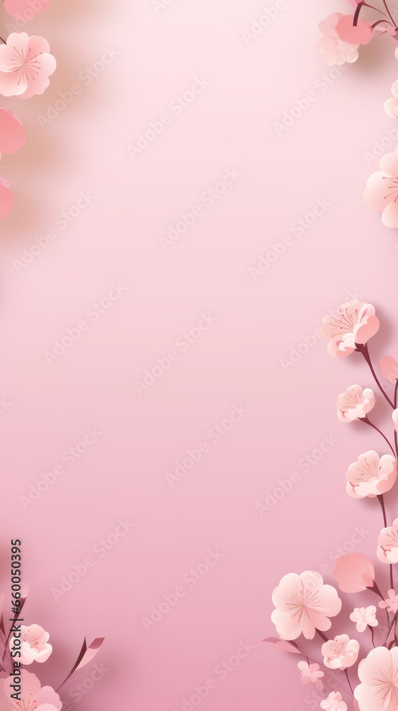 Pastel pink flowers with borders on a pastel pink background with copy space. Card notes. Valentine's Day or Women's Day.