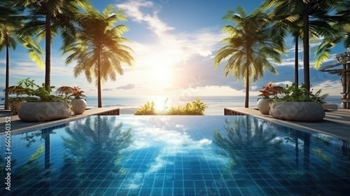 Gorgeous pool with palm trees and ocean view Thai decor © vxnaghiyev