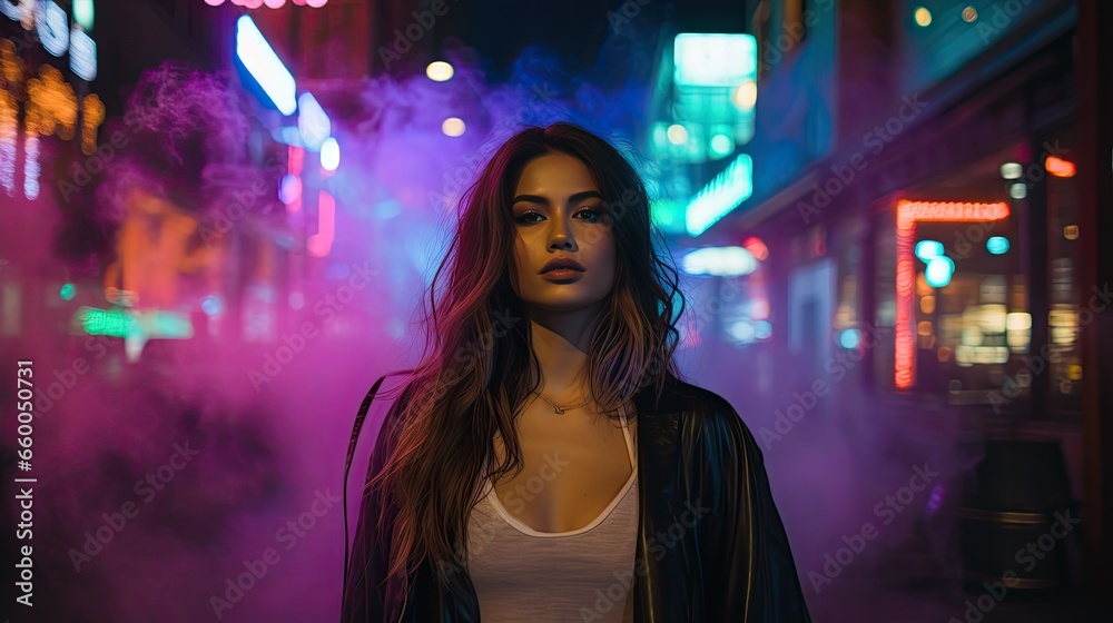 Model in an urban setting, with the city's lights creating a multicolored haze of mist around her