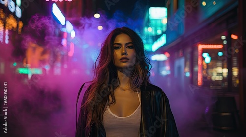 Model in an urban setting, with the city's lights creating a multicolored haze of mist around her
