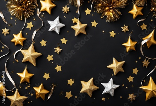 Glittery Gold Star and Streamer Decorations for New Year's Eve on Black Background, Top View