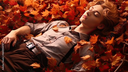 Model lying on a bed of autumn leaves, with a foggy mist accentuating the warm oranges, reds, and browns