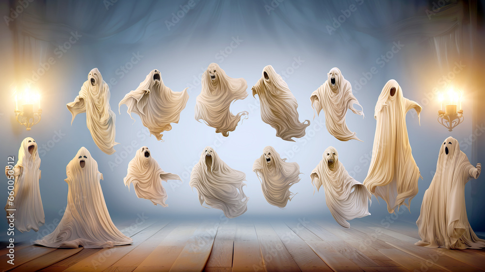 There are many ghosts in the room. They fly here and there and strike fear into everyone. Halloween concept. Background, wallpaper or greeting card and copy space. AI generated.