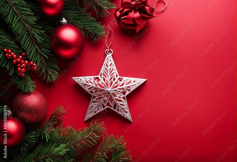 Spruce Sprigs Adorned with Holiday Ornaments on a Crimson Backdrop, Top View. Room for Copy.