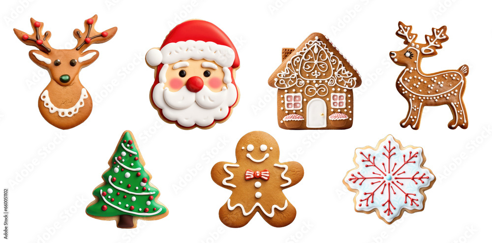 Set of Sugar Cookie Christmas and Gingerbread Cookies with Cute Winter Design. Includes Biscuit Shaped Ginger Bread House, Santa Face, Deer Head, Snowflake, and Christmas Tree - Generative AI