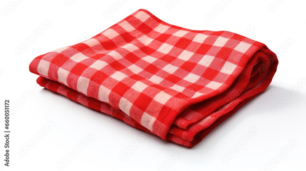 Isolated red checkered cloth on white background used as a picnic kitchen towel for food decor