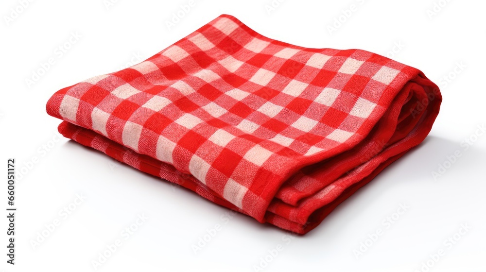 Isolated red checkered cloth on white background used as a picnic kitchen towel for food decor Isolated red checkered cloth on white background used as a picnic kitchen towel for food decor