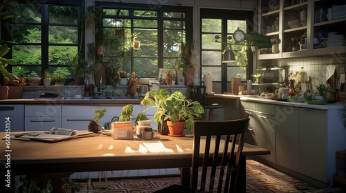 Kitchen and desk indoors with foliage