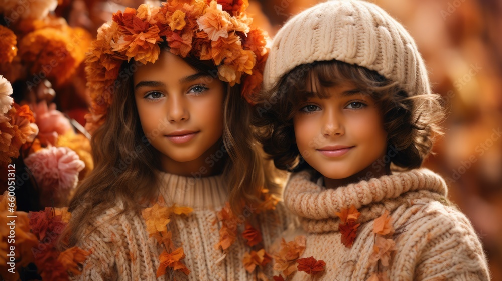 Beautiful children models in a knitted hat and sweater against the background of autumn foliage. Modern autumn outfit. fashion campaign shoot Beautiful children models in a knitted hat and sweater against the background of autumn foliage. Modern autumn outfit. fashion campaign shoot