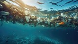 High plastic pollution in the Mediterranean Sea Seafloor covered with plastic waste including bottles bags and debris