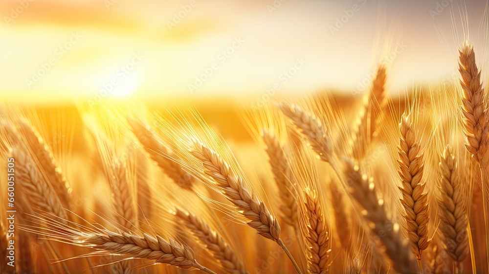 Golden wheat in a rural sunset landscape under shining sunlight symbolizing a rich harvest Golden wheat in a rural sunset landscape under shining sunlight symbolizing a rich harvest