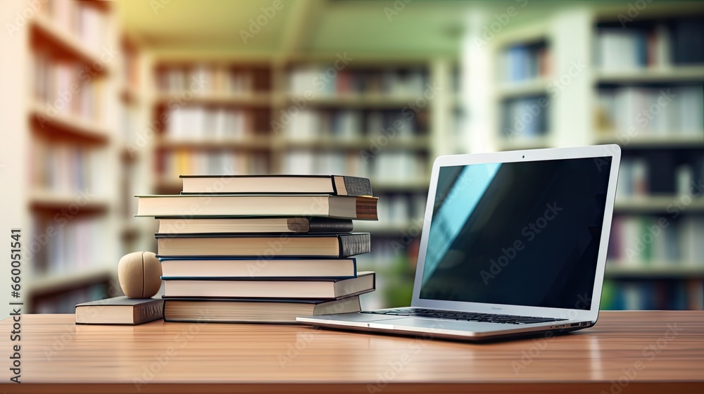 Library desk with books and laptop representing education technology and e learning