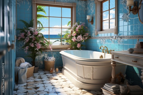 blue bathroom with plants and sea view