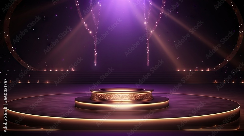 Luxury Indian themed stage with shimmering lights trophy and black podium - obrazy, fototapety, plakaty 