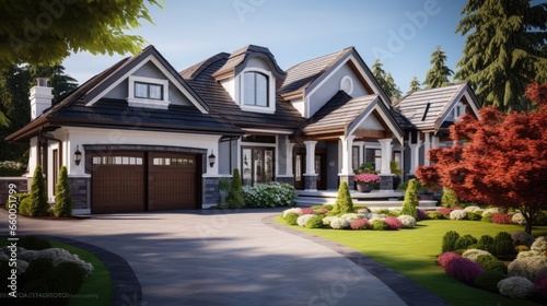 Luxury house with beautiful front yard and garage in residential area photo