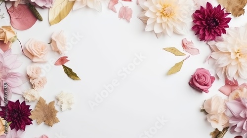 Top view blank card with flowers Abstract organic flowers Blooming floral on white background © Wanda