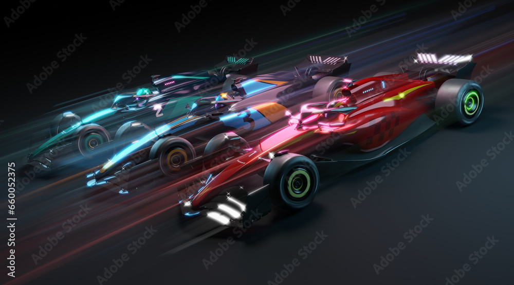 Race cars on dark background without any branding - 3D rendering