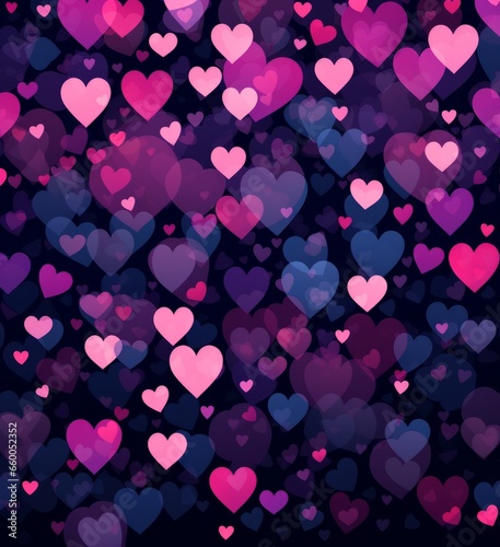 Pattern with pink and purple hearts on a black background with copy space. Top view, flat lay. Valentine's Day, anniversary.