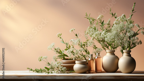 Still life composition on a table with medicinal plants and natural cosmetics