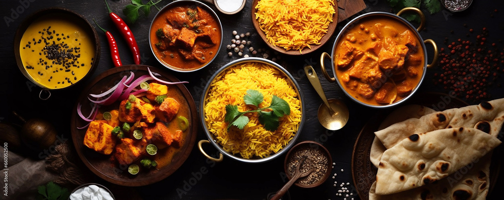 indian food collage assorted , chicken, Palak Paneer, Chiken Tikka, Biryani, 
Vegetable Curry, Papad, Dal, Palak Sabji, Jira Alu ,indian cuisine 