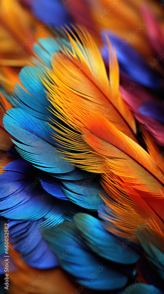 Obraz premium Beautiful multi-colored feathers of a fantastic bird, background of colorful feathers