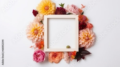 Mockup of picture frame decorated with spring flowers clean space for text on white background