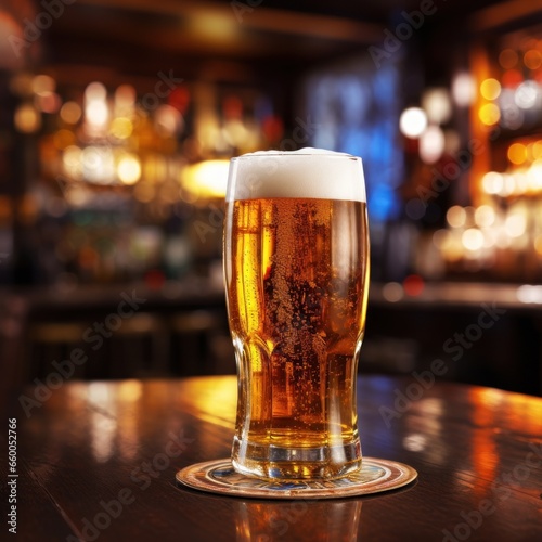 Full glass of cold beer with foam on table in illuminated bar in high quality