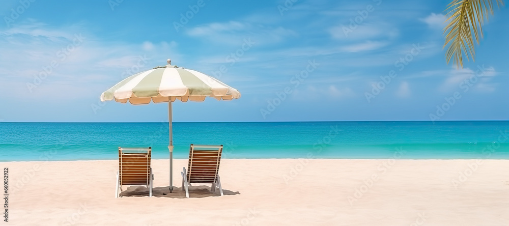 Obraz premium Beach Paradise with Umbrella and Chairs