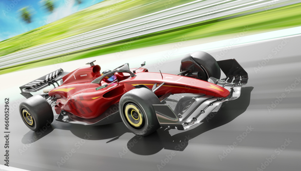 Race car on track without any branding - 3D rendering Race car on track without any branding - 3D rendering