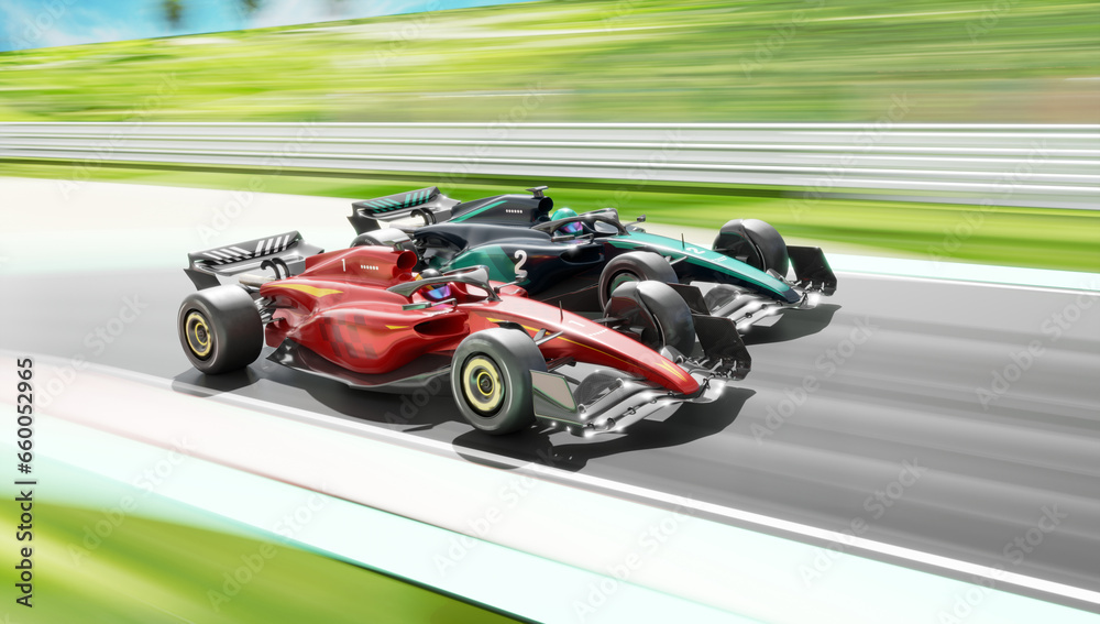 Race cars on track without any branding - 3D rendering
