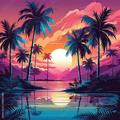 nature surrounded and full of lots of color, sun, palm tree, shaded water, sky