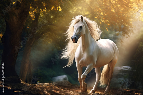 Beautiful White Horse in a Forest