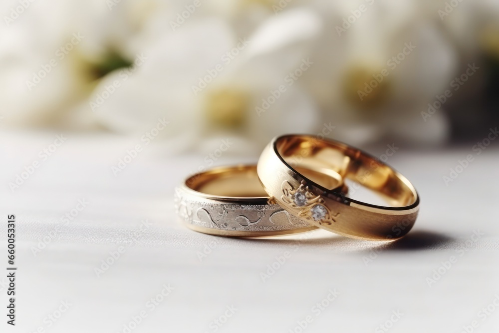 Wedding rings, close-up on a light background with flowers.postcard or invitation to a celebration. 