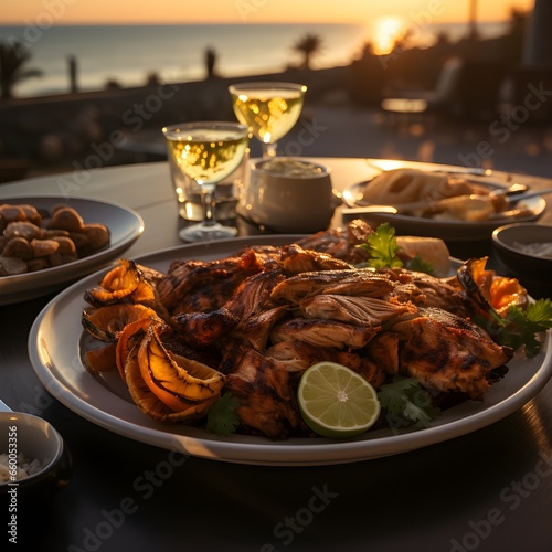 Tandoori chicken  against the background of the beautiful Indian coast at sunset on the restaurant terrace
