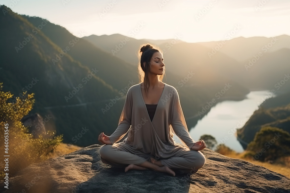 Woman Meditates at Scenic Viewpoint Woman Meditates at Scenic Viewpoint