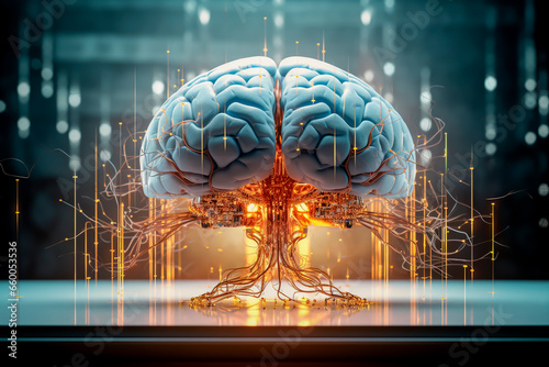 brain with artificial intelligence connected to technology with circuits and cables