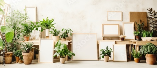 Vintage craft studio decorated with bare frames potted plants and posters With copyspace for text