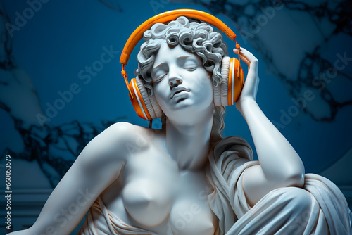 white marble bust on pedestal of a woman aphrodite with eyes closed, feeling the music with orange headphones, blue plain background photo