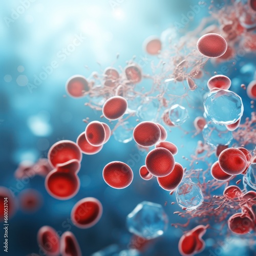 close-up illustration of red blood cells under a microscope in the body. Scientific medical education concept