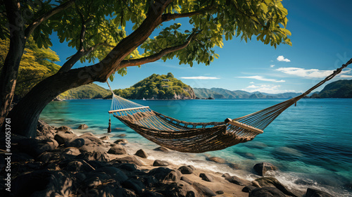 Dive into a tropical oasis with trees, turquoise waters, and a hammock swaying in the breeze. 