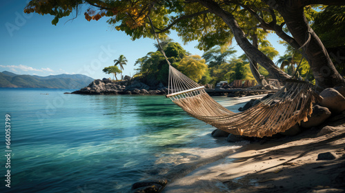 Surrender to the allure of a tropical beach with trees, clear waters, and a hammock. Paradise discovered.  © apratim