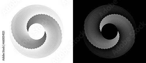 Abstract background with lines in circle. Art design spiral as logo or icon. A black figure on a white background and an equally white figure on the black side.
