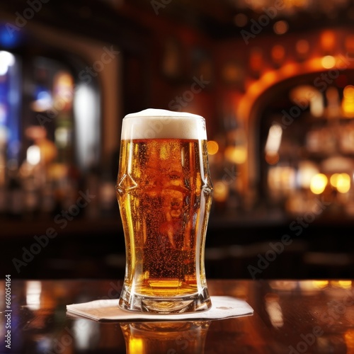 bar with beer served in a large glass filled with foam and cold to drink