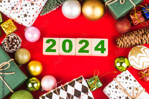 Happy New Year 2024, Christmas 2024, Christmas gifts placed in a festive atmosphere  © dashu83